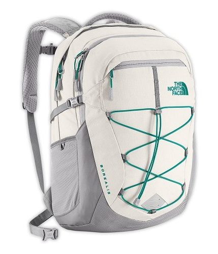 grey and white north face backpack