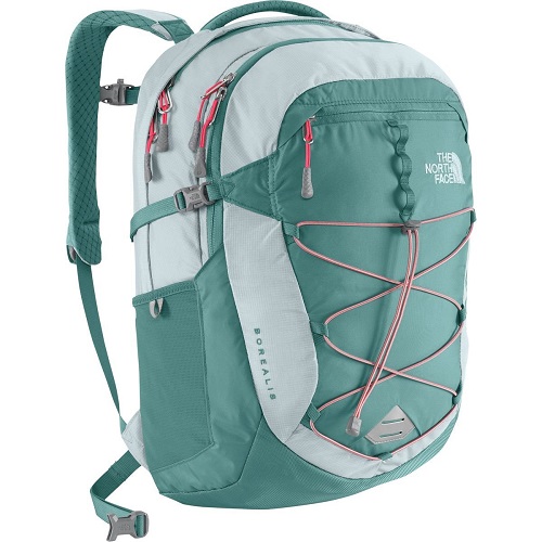 blue and pink north face backpack